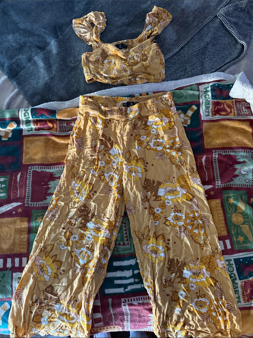 Volcom Mustard Floral Wide-Leg Palazzo Pants & Matching Top